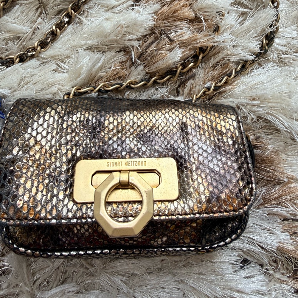 Stuart Weitzman Metallic Snake-Embossed Crossbody in Gold and Bronze